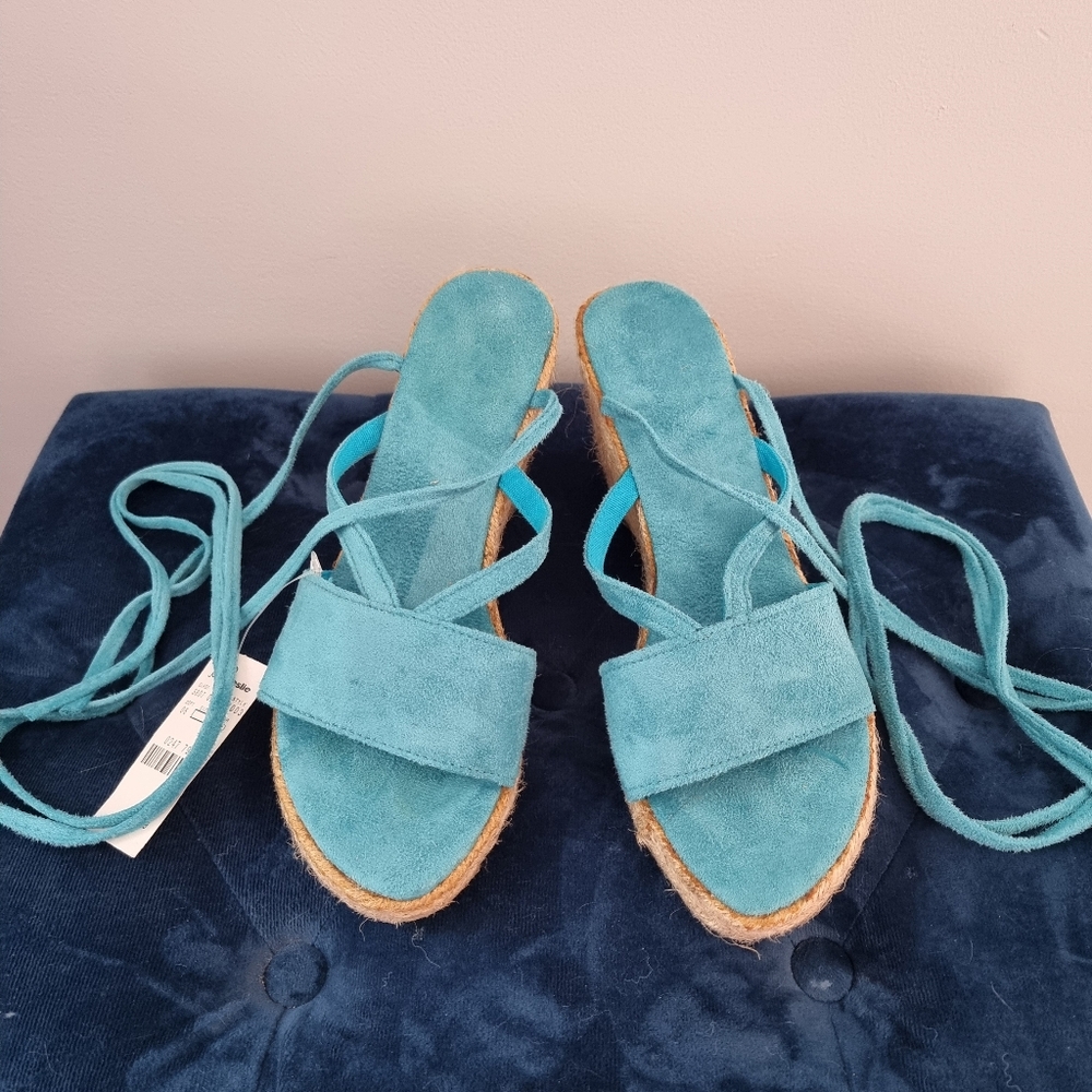 NWT Turquoise Suede Lace Up Espadrille Wedge Sandals